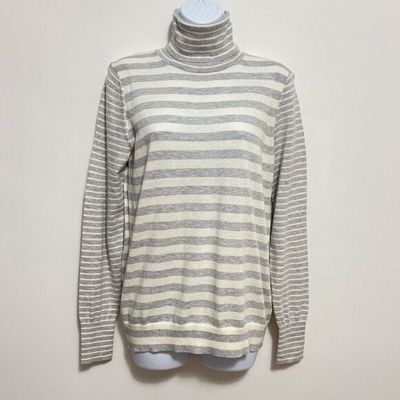 Banana Republic Gray Striped Cotton Cashmere Turtleneck Sweater Size Medium - Picture 1 of 6